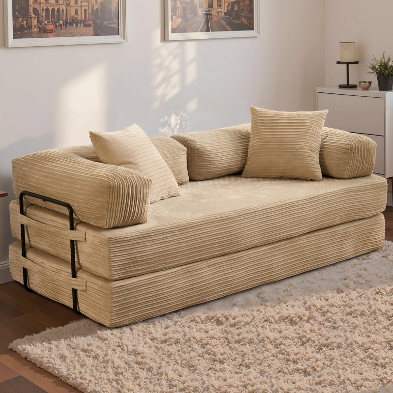 Canapé-lit en tissu désossé sans assemblage requis pour 2 personnes, Polyester beige