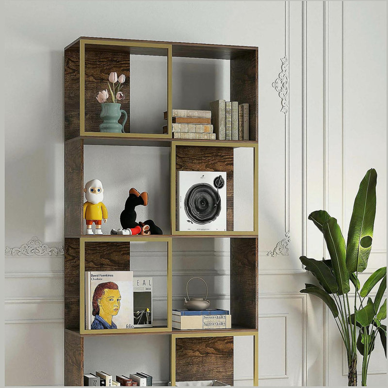 Bibliothèque industrielle à 4 niveaux, structure en bois rustique et en métal, tablette asymétrique, étagère de rangement
