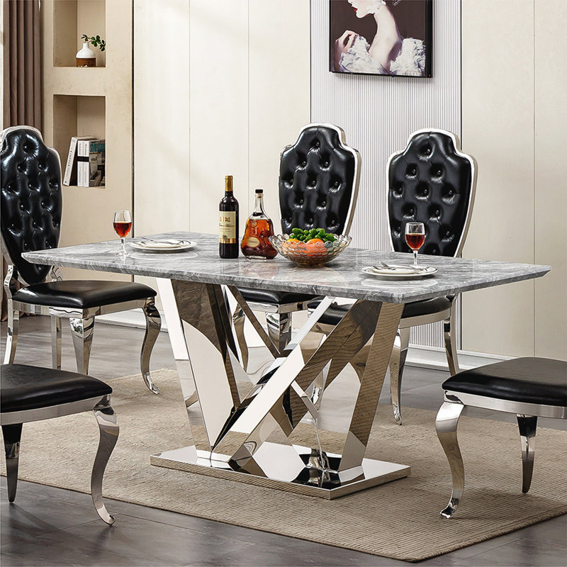 Table de salle à manger moderne en faux marbre avec base en acier inoxydable chromé, pour les espaces contemporains, Gris
