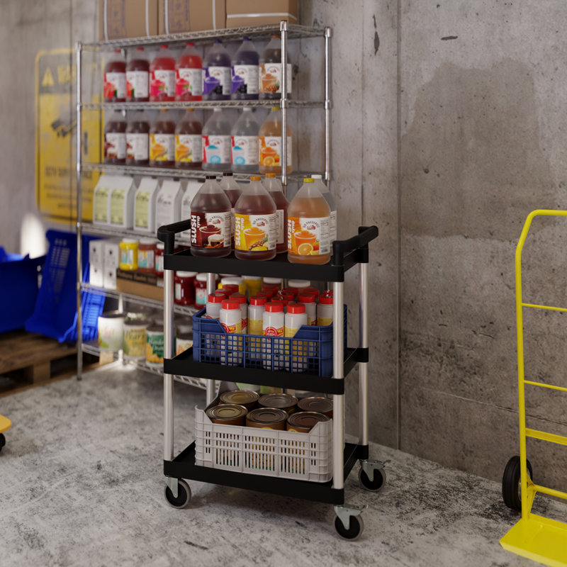Amgood 32 po × 16 po Chariot utilitaire / bus avec trois tablettes. Polypropylène robuste, tablettes noires avec poteaux gris, chariot de service commercial avec roues