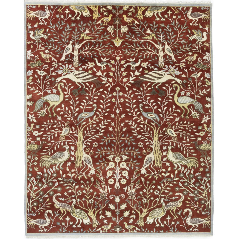 Tapis beige / gris en laine noué à la main à motif floral 5 pi 11 po x 8 pi 9 po Floral