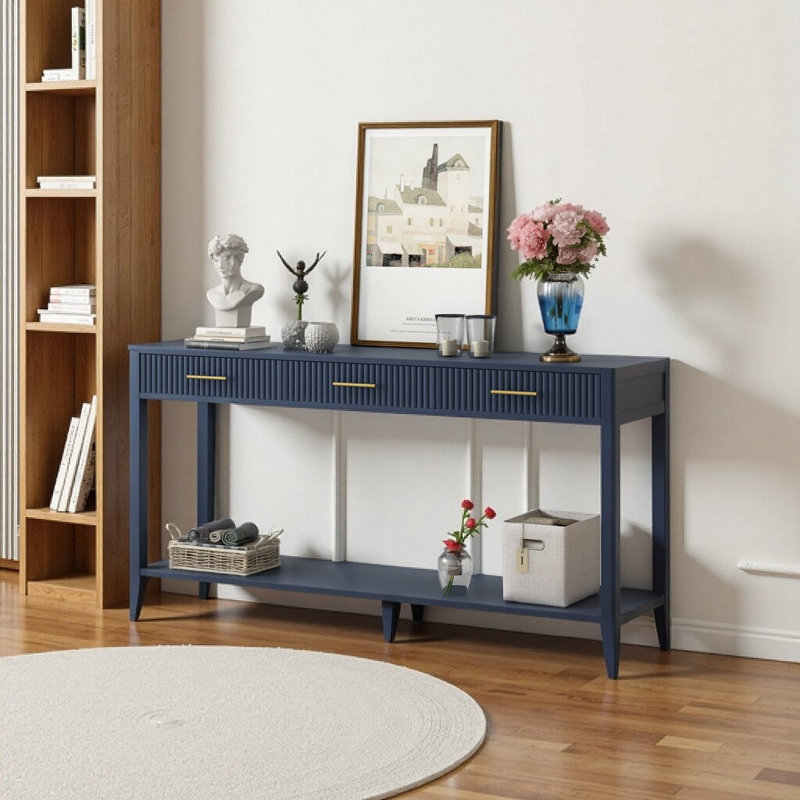 Console 60 po avec 3 tiroirs et tablette de rangement bleu marine, Marine