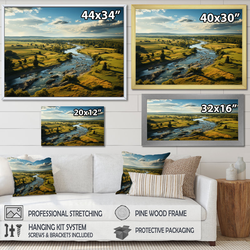 «Green Blue Illinois Landscape», reproduction sur toile, 24" H x 32" W, Cadre flottant blanc