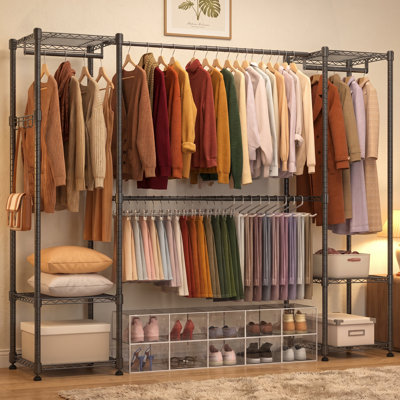 55.5" - 78.7" W Heavy Duty Expandable Closet System with 6 Adjustable Shelves and 4 Hanging Rods, Metal Garment Rack