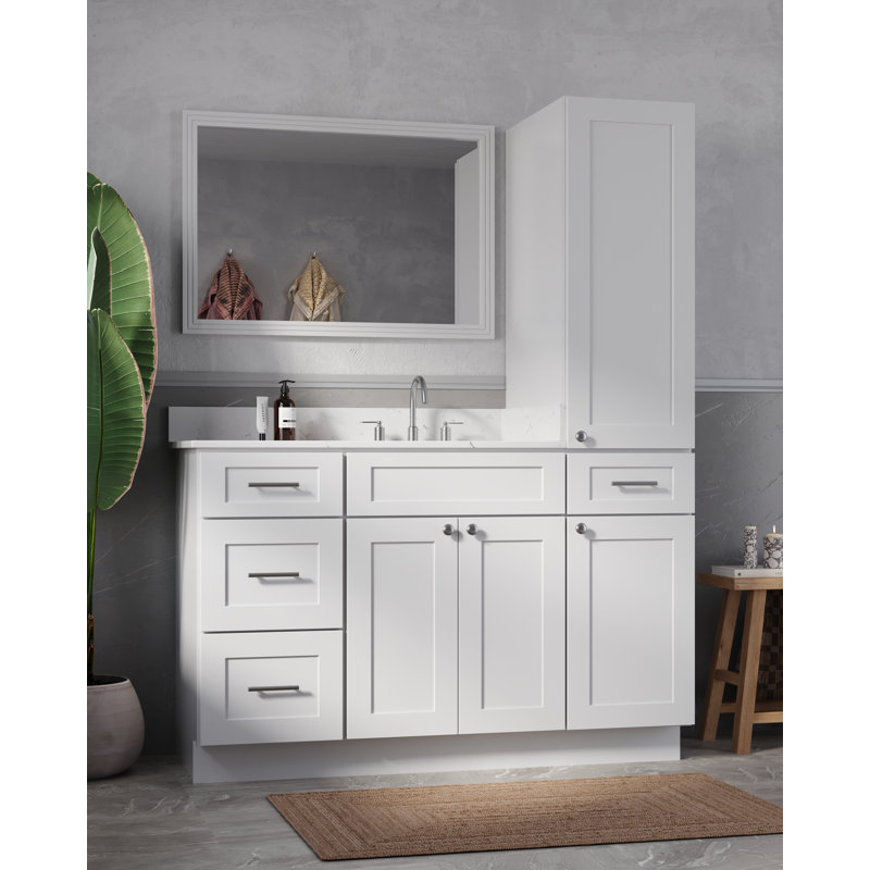 Disar 54'' Single Bathroom Vanity With Right Linen Tall Cabinet Dovetail Solid Wood Drawer Carrara Quartz Top, White
