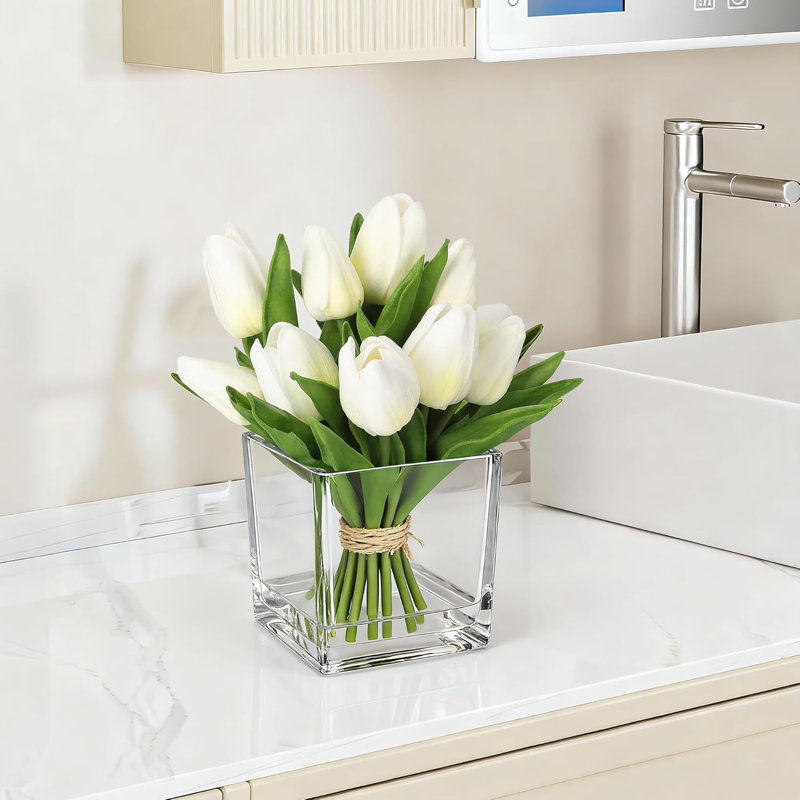  Ensemble de 2 tulipes artificielles dans un vase, 12 têtes en polyuréthane Real Touch