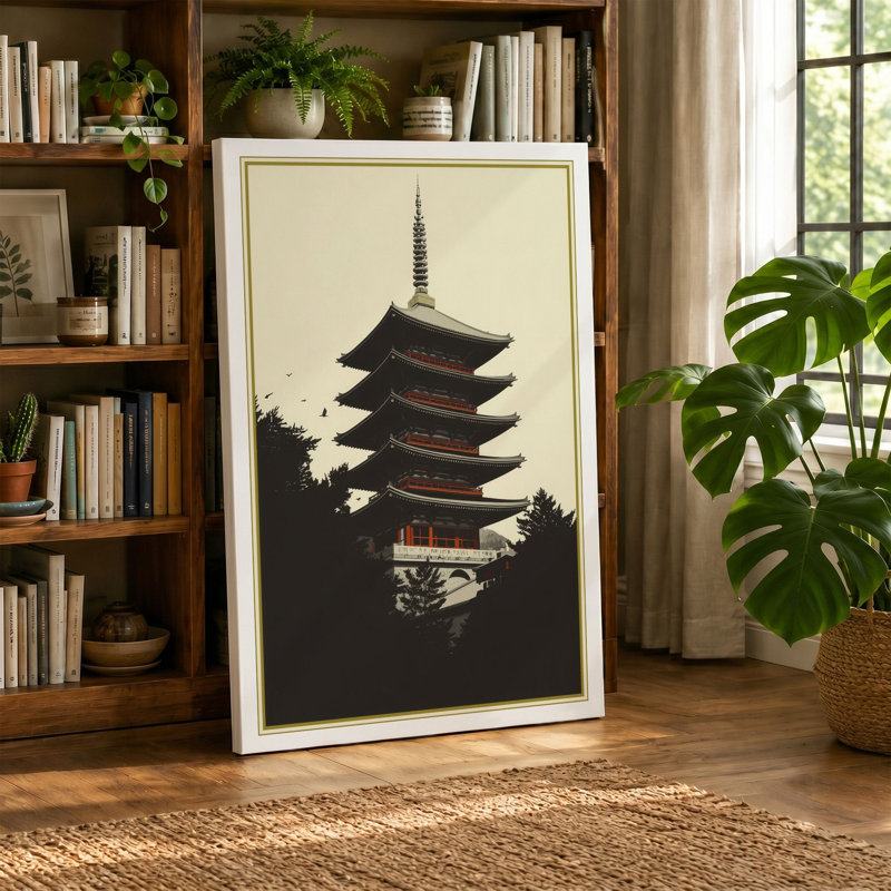 Pagoda in Silhouette Japandi - Wrapped Canvas, 36x24 - 91.4 x 61.0 cm, Black Border