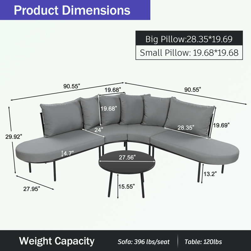 Half- Moon Curved Outdoor Sofa Set with Coffee Table and Backrest Cushions, Grey
