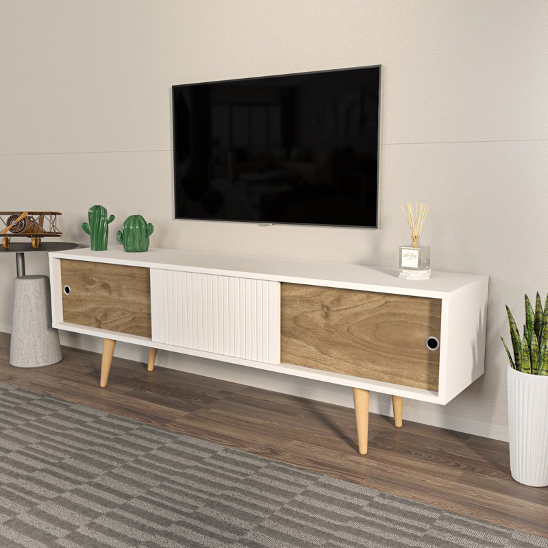 Meuble télé moderne blanc et noyer de 63,0 po x 17,7 po x 15,4 po | 100% panneau de particules enduit de mélamine, épaisseur: 0,7 pouce | Design scandinave, élégant et fonctionnel pour le salon et les espaces de divertissement