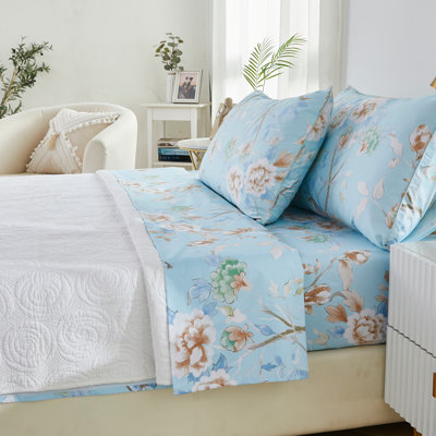 100% Egyptian Cotton Sheet Set,4 Piece 800 Thread Count Luxury Bird and Watercolor Floral in Light Blue Sheet Set, For Bedroom Guest Room All Seasons