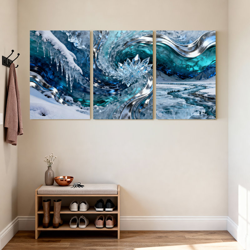 Abstrait glacier bleu glacé neige glaçons, ensemble de 3 impressions sur toile, H 24 po x l 48 po