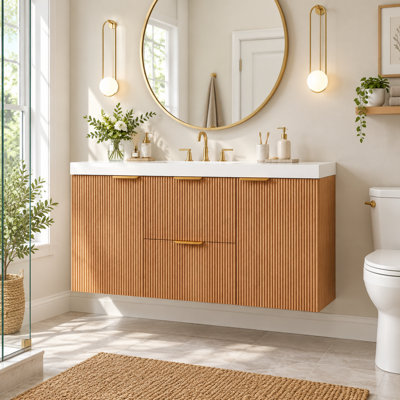 42 Inch Wall-Mounted Single Sink Bathroom Vanity with SMC Top, Wood Grain Finish, Soft-Close Doors and U-Shaped Drawers