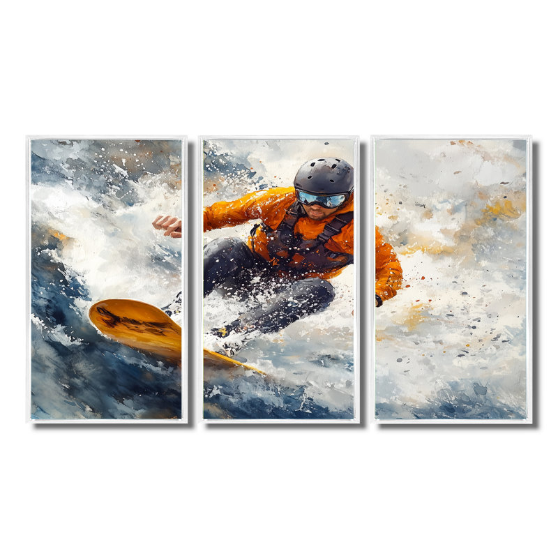 Wakeboard jaune Big Air accentué avec gris I - ensemble d'art mural sport d'hiver, Toile encadrée flottée blanche