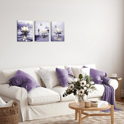 Lotus Wall Art Zen Canvas Prints Purple Flower Room Decor for Bathroom Meditation Yoga Spa 12x16inchesx3pcs