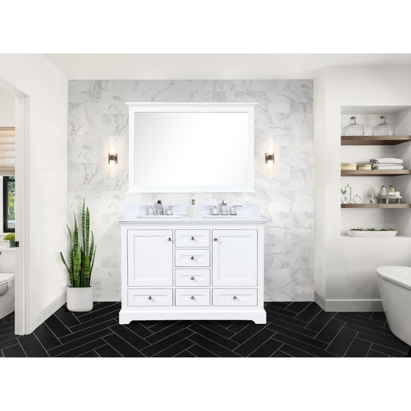 Double blanc 48 po Meuble-lavabo large avec comptoir en marbre, structure de support en bois massif, fermeture silencieuse, compartiments de rangement spacieux et robinet pré-percé