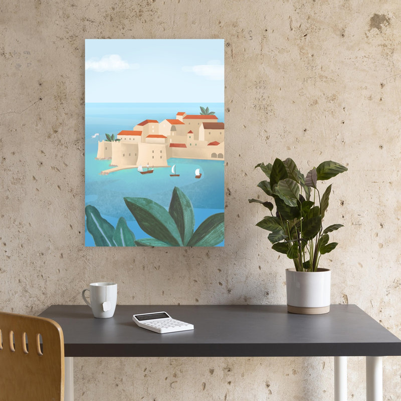 Affiche murale colorée et abstraite représentant l'architecture de la ville de Dubrovnik, H 18 po x l 12 po
