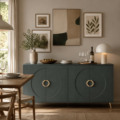60" Italian Luxury Wood Grain Sideboard Cabinet, 4-Door Round Embossed Buffet Storage Credenza, Modern Entryway Console Cupboard with Gold Metal Handles, Dark Green