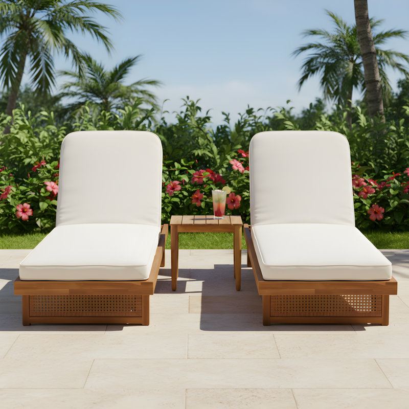 Steven Patio 3-Piece Acacia Wood Chaise Lounge & Slat Side Table Set With Adjustable Backrest & Cushion
