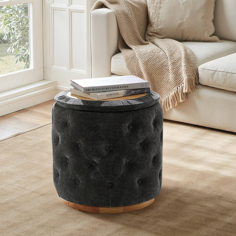 Venus Modern 19"W Tufted Ottoman with Storage and 360-degree Swivel Solid Wood Base, Navy