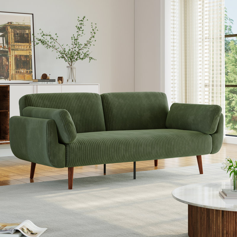 Upholstered Green Corduroy Flared Arm Convertible Sofa Bed, Folding Futon Sleeper with Adjustable Backrest, Green Corduroy