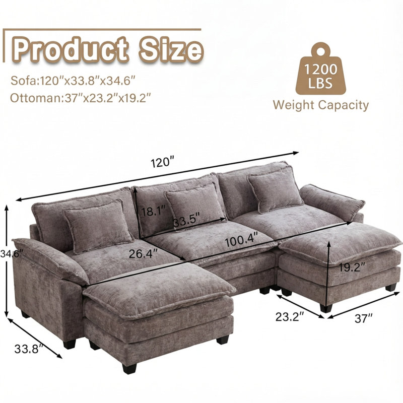 Canapé modulaire U, H 34,6 po x l 120 po x P 33,8 po, Chenille gris pâle