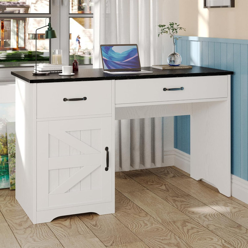 Bureau d'ordinateur Farmhouse avec 2 tiroirs et armoire - pour petits espaces / chambre à coucher, Noir / blanc