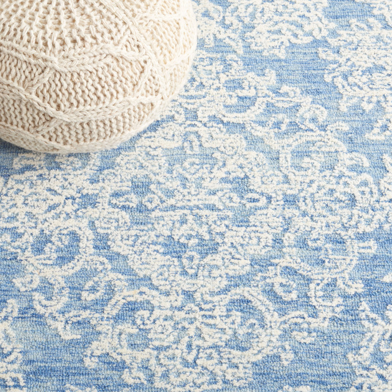 Plarent Ebony Hand Tufted Wool Cotton Oriental Rug in Ivory/Blue, Square 5'