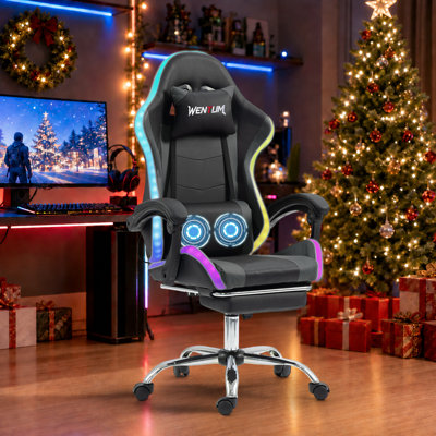 Ergonomic Gaming Chair with Massage, RGB LED Lights and Footrest,Grey