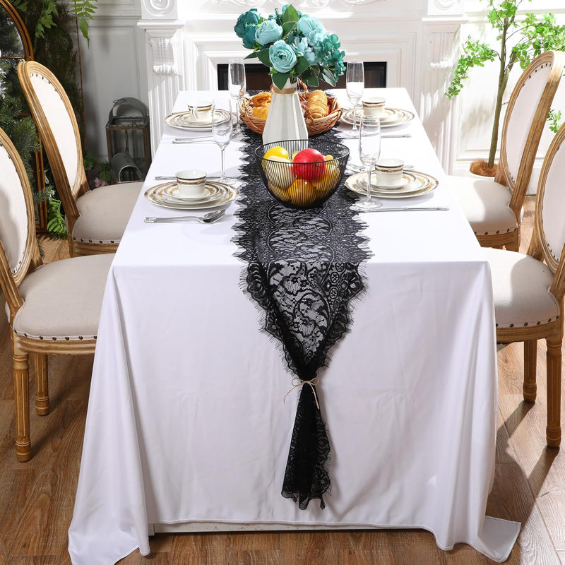 12 Pcs Black Lace Table Runners Rustic Wedding Lace Table Runner Decor Vintage Romantic Black Lace Table Cloth Party Decor For Halloween Engagement Hotel Home Table(Classic)