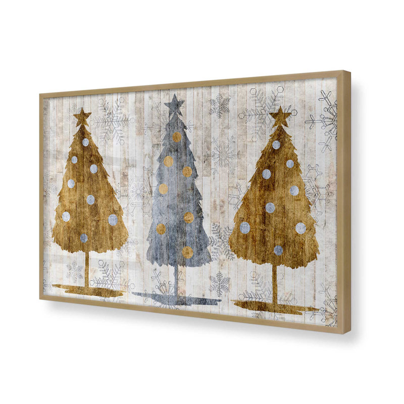 Imprimé d'arbres de Noël métalliques, H 19,25 po x l 25,25 po x P 1,25 po, Cadre simple brossé doré