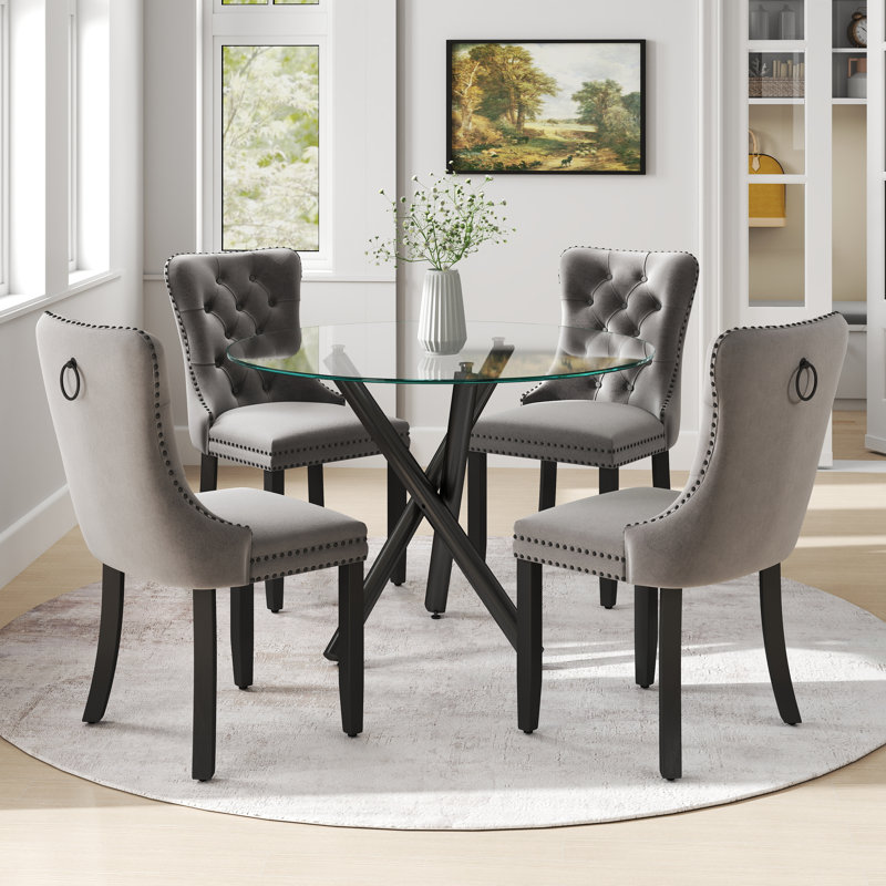 Round Glass Table Dining Set, 5, Gray