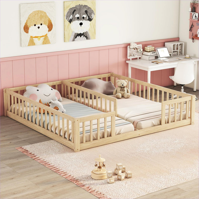 Minimalistic Solid Pine Double Twin Floor Bed Frame With Surround Guardrails For Shared Bedroom Use, Light Natural
