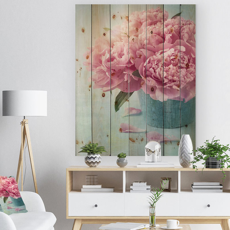 Pivoine rose dans un vase-impression d’art graphique, H 40 po x l 30 po x P 1 po, Bois