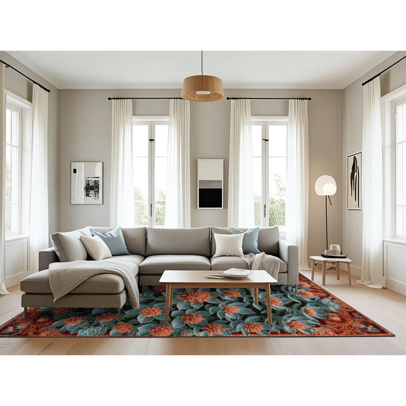 Tapis botanique brun lavable à la machine, Rectangle 8 pi x 12 pi