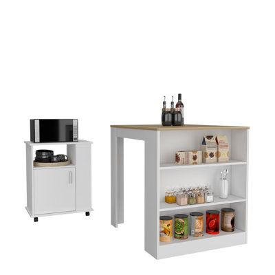 Farley 2-Piece Kitchen Set wth Kitchen Island and Kitchen Cart, White/Light Oak
