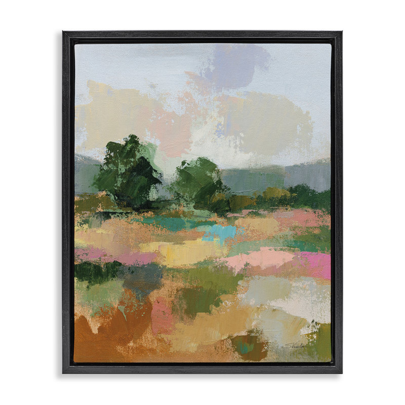 Abstrait printemps paysage encadré sur toile flottante par Silvia Vassileva, Cadre flottant noir de jais, H 21 po x l 17 po