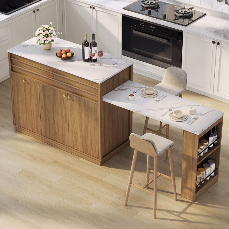 Îlot de cuisine avec table à manger extensible, dessus en faux marbre et prises électriques, Oak