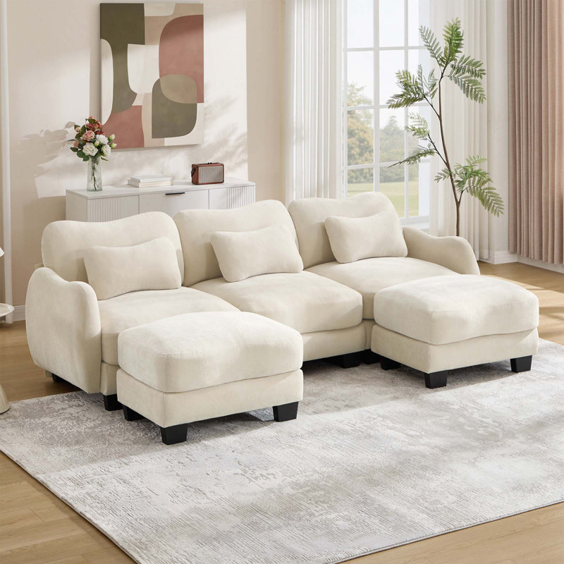 Canapé ergonomique en chenille 3 places avec 2 repose-pieds et coussin de taille délicate pour salon, chambre à coucher