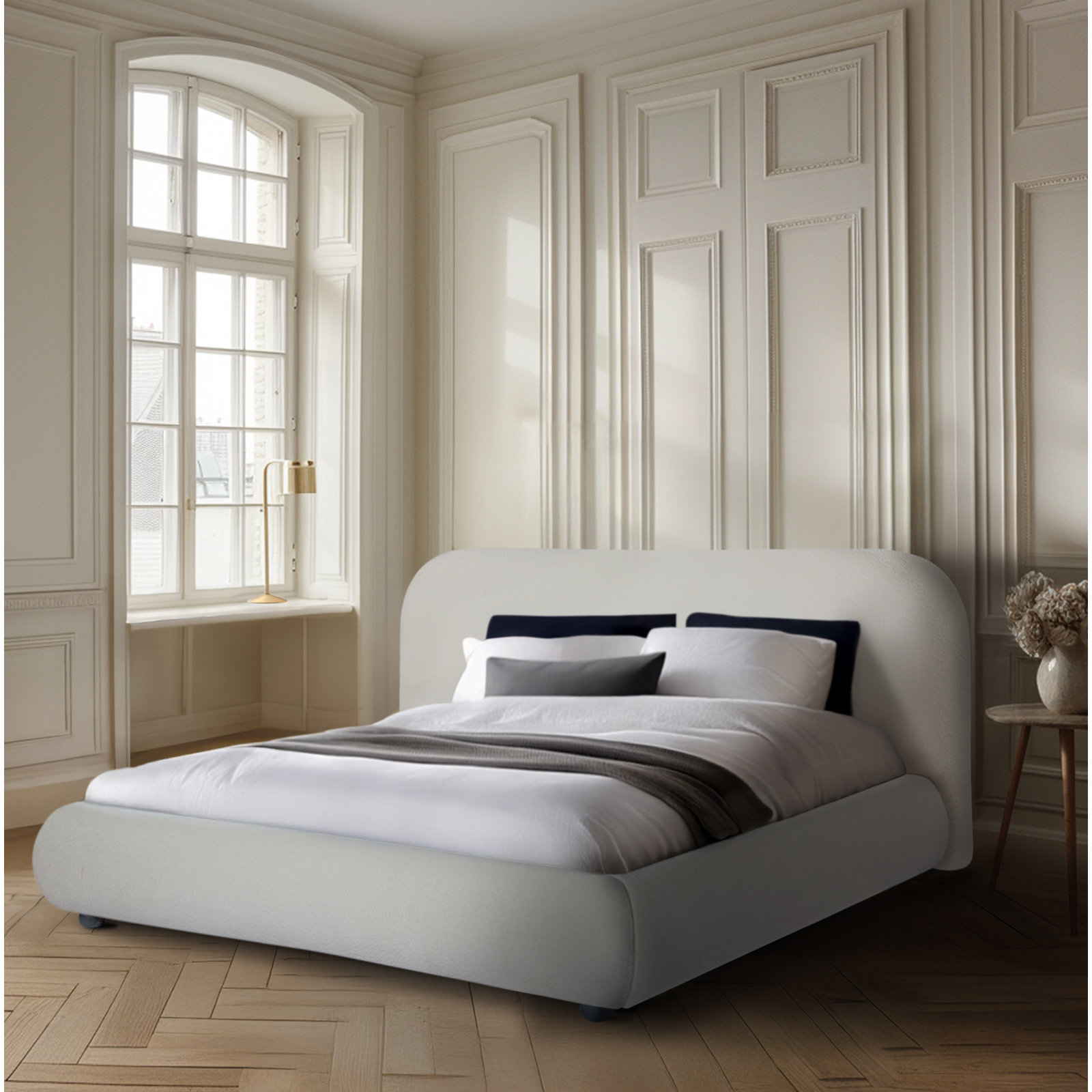 Reggie Platform Bed, King, Off White Performance Boucle