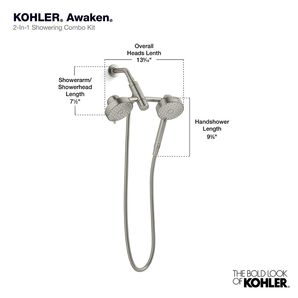 Kohler Awaken 2-In-1 Multifunction Shower Combo Kit, Showerhead and Handshower Set, 2.5 GPM, Vibrant Brushed Nickel, 2.5 GPM