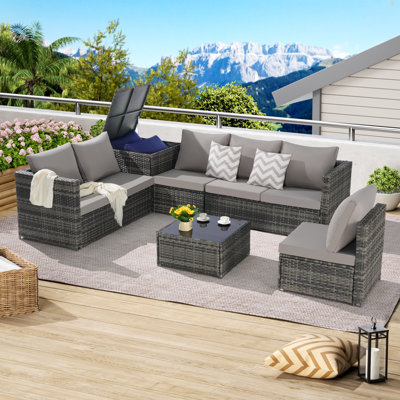 Ensemble de meubles de patio 6 pièces, meubles de patio modulaires tissés pour l'extérieur, ensemble de conversation en osier avec table d'angle et table en verre pour la piscine