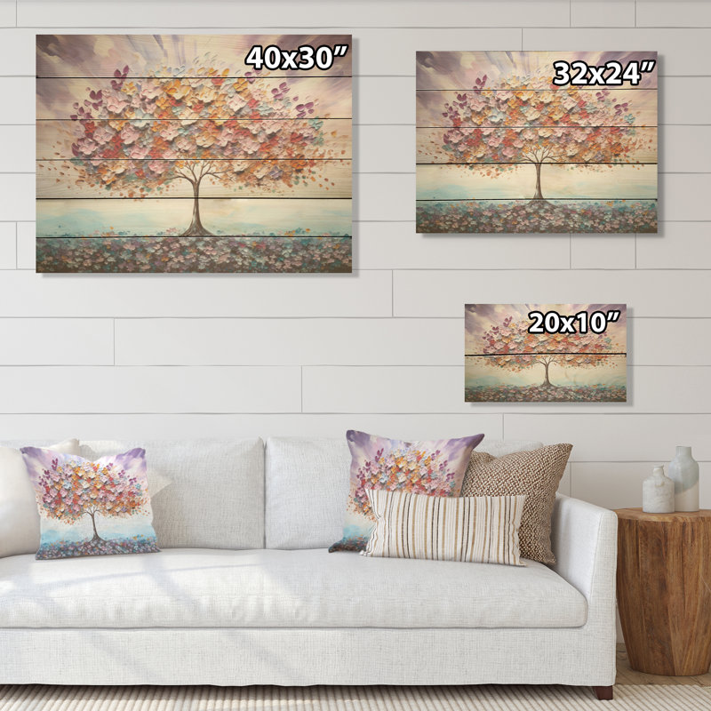 Multicolor Famous Tree Of Love - Flower Field Wood Wall Art On Natural Pine Wood, 10" H x 20" W