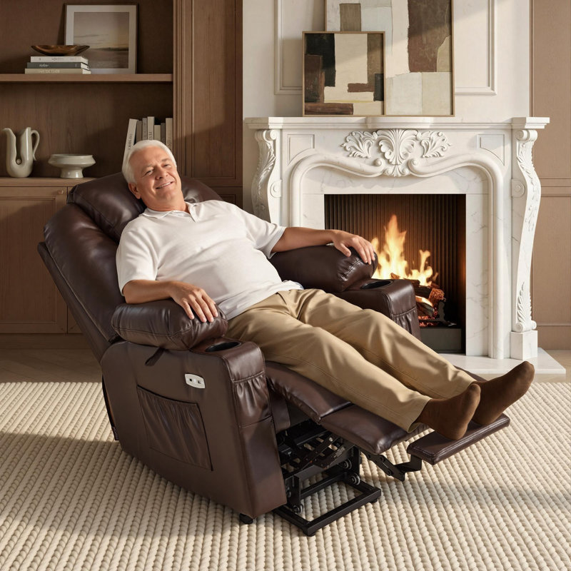 Power Recliner Lift Chair with Massage and Heat for Big and Tall People, 3 Positions, Faux Leather, Dark Brown Faux Leather