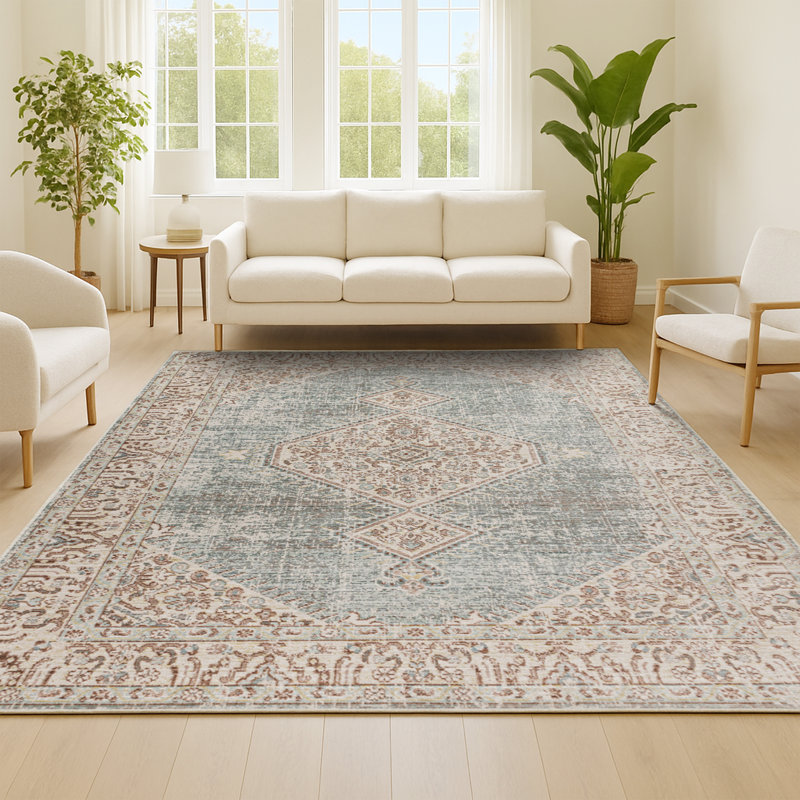 Tapis bleu clair / ivoire Mordecai, Rectangle 5 pi 3 po x 7 pi 7 po