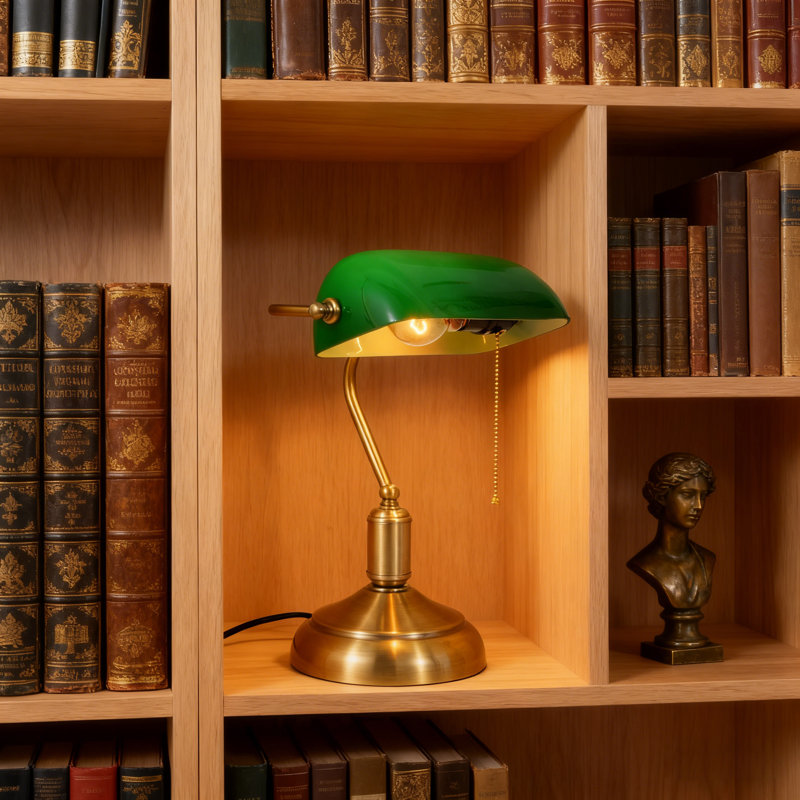 Lampe de bureau Bankers, abat-jour en verre vert, lampe de bureau rétro avec interrupteur à chaîne