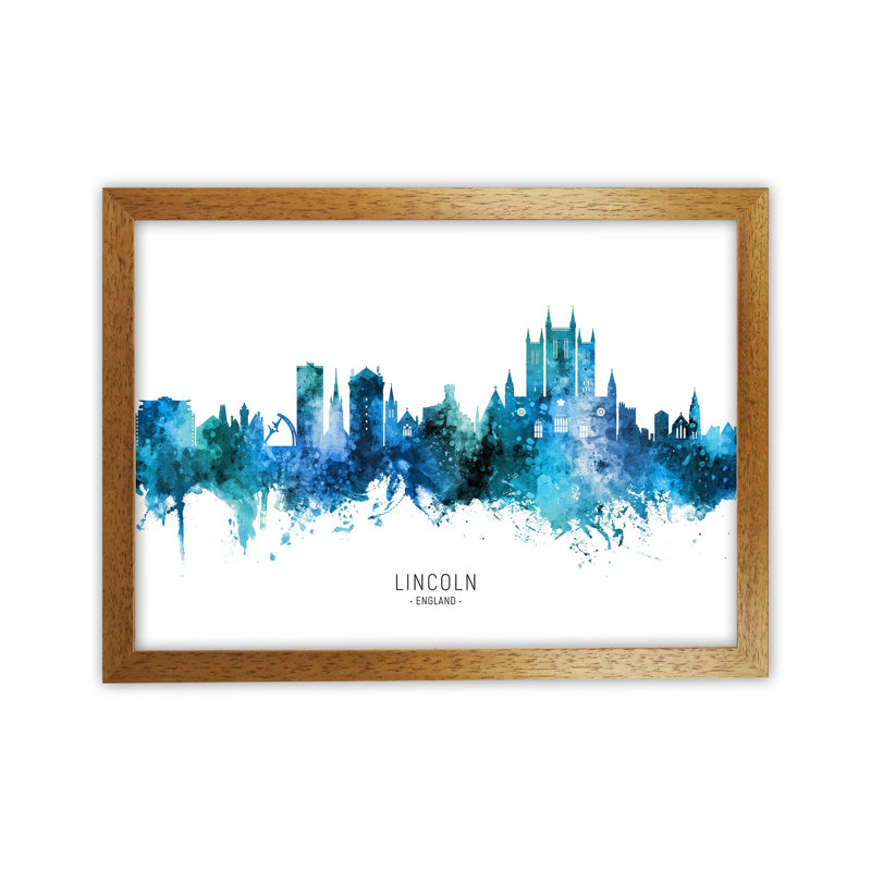 Lincoln England Skyline Blue City Name by Michael Tompsett - Print, 25cm H x 34cm W x 3cm D, Oak Framed