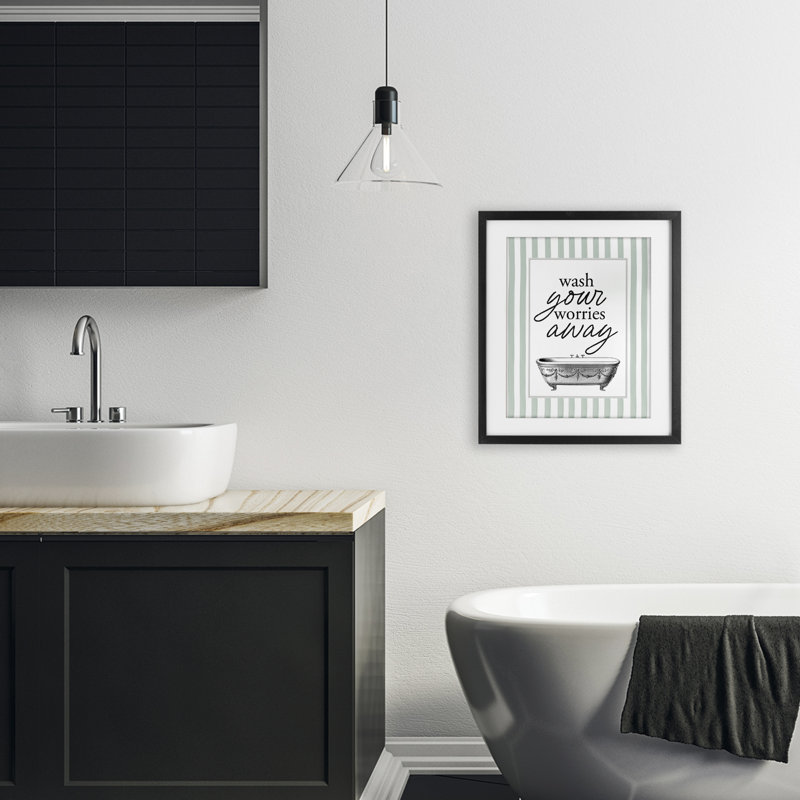 «Wash Worries Away», impression encadrée sous verre à rayures vertes par Design, Cadre noir minuit, H 16 po x l 13 po
