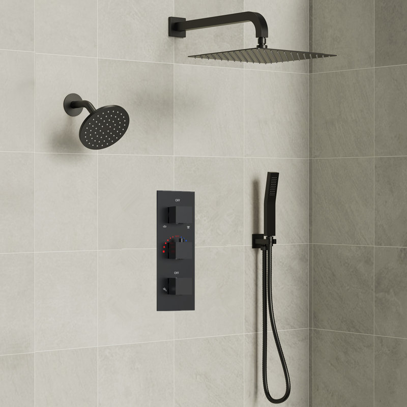 Thermostatic Dual Showerheads System, Wall Mount 12" High-Pressure Rainfall Shower Faucet with Handheld Spray, Matte Black