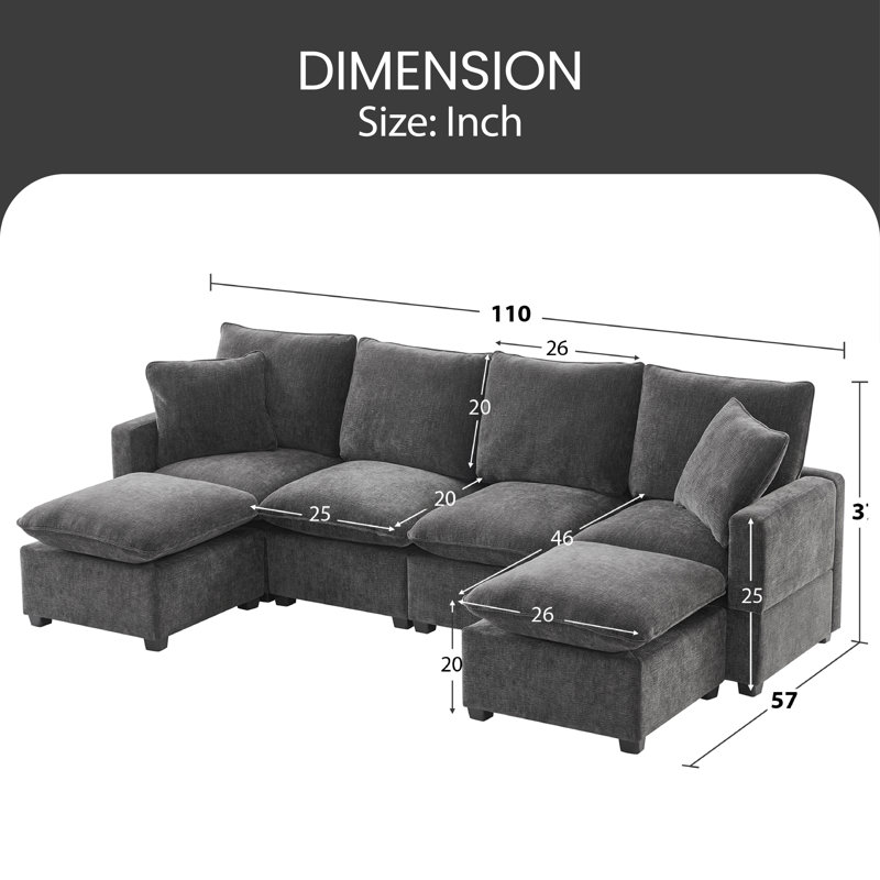 Canapé modulaire rembourré 6 pièces Avior, Gris chenille