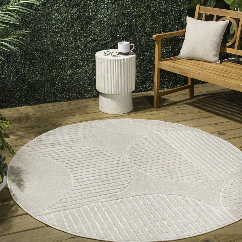 Arnika High-Low Geometric Arch Scandi Striped Ivory/Cream Indoor/Outdoor Rug, Round 9'